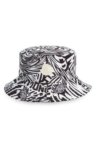 Shop Moncler Wavy Print Logo Bucket Hat In Black/ White Wavy Print