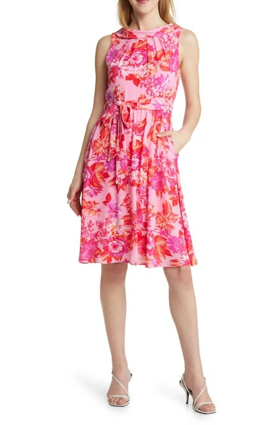Shop Donna Ricco Roll Neck Fit & Flare Dress In Pink Multi