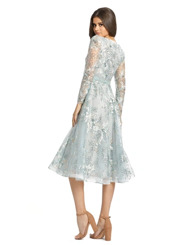 Mac Duggal Embellished Illusion Long Sleeve A Line Dress In Sterling