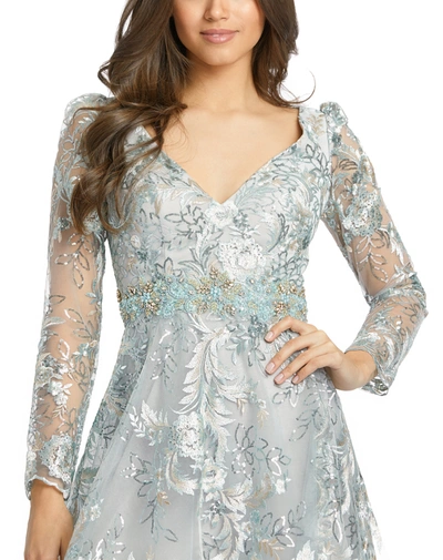 Mac Duggal Embellished Illusion Long Sleeve A Line Dress In Sterling