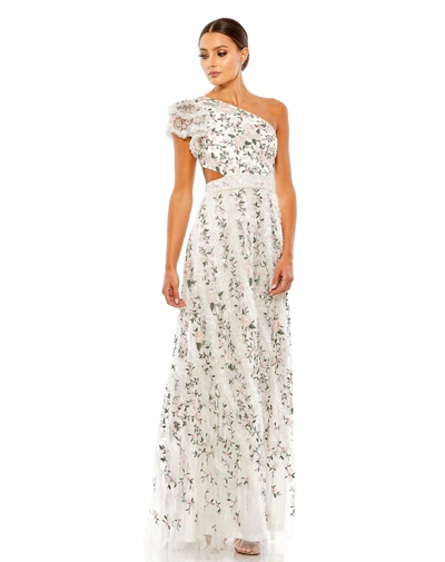 Shop Mac Duggal Embroidered Ruffled One Shoulder Lace Up Gown In Ivory
