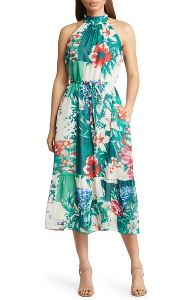 Shop Donna Ricco Floral Tie Waist Halter Midi Dress In Green/ Ivory