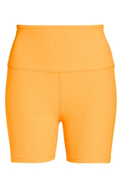 Shop Beyond Yoga Keep Pace Space Dye Bike Shorts In Mango Pop Heather