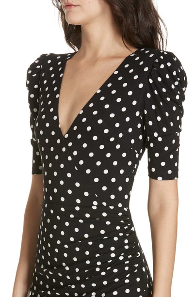 Shop Alice And Olivia Judy Ruched Faux Wrap Dress In Med Polkadot Blk/ Soft Wht