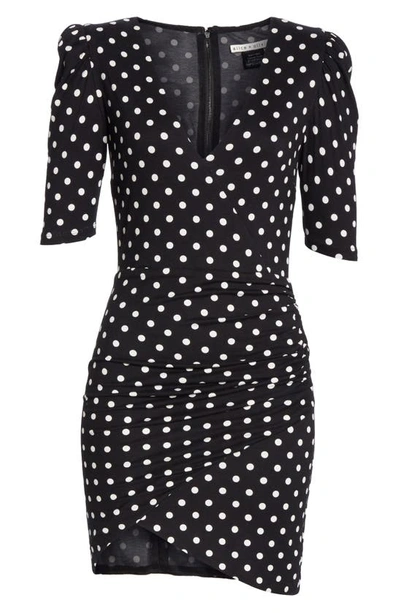 Shop Alice And Olivia Judy Ruched Faux Wrap Dress In Med Polkadot Blk/ Soft Wht