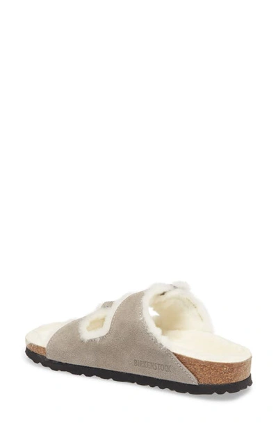 Birkenstock Arizona Genuine Shearling Lined Slide Sandal In Stone Coin Suede