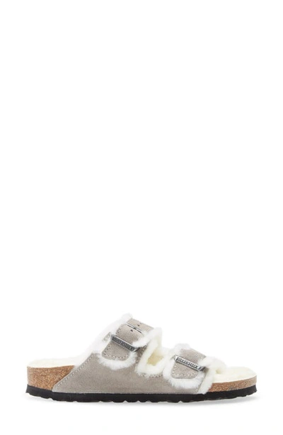Birkenstock Arizona Genuine Shearling Lined Slide Sandal In Stone Coin Suede