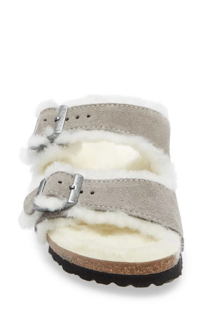 Birkenstock Arizona Genuine Shearling Lined Slide Sandal In Stone Coin Suede