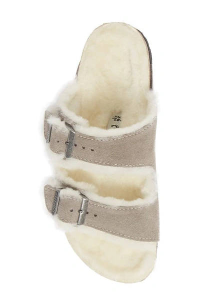 Birkenstock Arizona Genuine Shearling Lined Slide Sandal In Stone Coin Suede