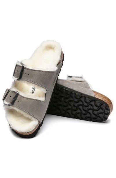Birkenstock Arizona Genuine Shearling Lined Slide Sandal In Stone Coin Suede
