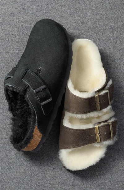 Birkenstock Arizona Genuine Shearling Lined Slide Sandal In Stone Coin Suede