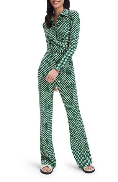 Shop Diane Von Furstenberg Michele Print Long Sleeve Jumpsuit In Pint Cube Sm Ind Grn