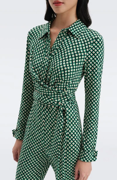 Shop Diane Von Furstenberg Michele Print Long Sleeve Jumpsuit In Pint Cube Sm Ind Grn