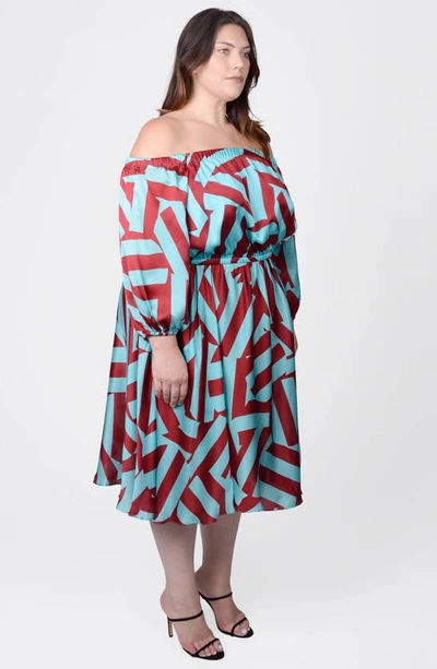 Shop Mayes Nyc Edwina Off The Shoulder Long Sleeve Dress In Circle Stripes