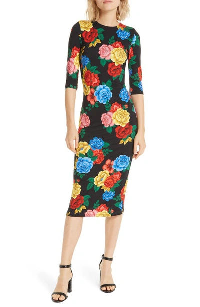 Shop Alice And Olivia Delora Fitted Midi Dress In Camellia Bouquet Black/ Multi