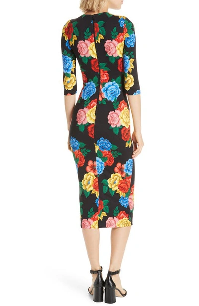 Shop Alice And Olivia Delora Fitted Midi Dress In Camellia Bouquet Black/ Multi