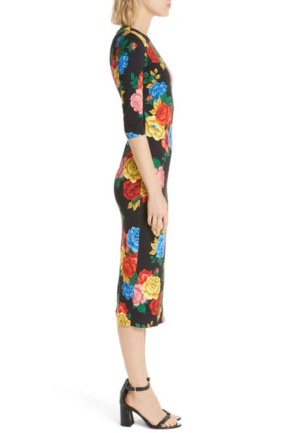 Shop Alice And Olivia Delora Fitted Midi Dress In Camellia Bouquet Black/ Multi