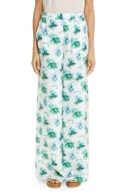 Shop Max Mara Umile Tropical Floral Wide Leg Silk Pants In Turquoise
