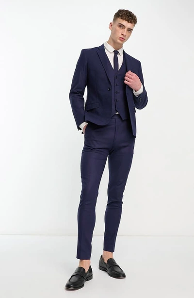 Shop Asos Design Super Skinny Linen Blend Suit Trousers In Navy