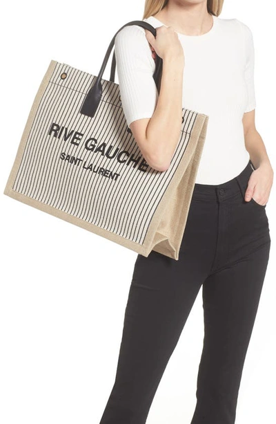 Saint Laurent Rive Gauche Striped Canvas Bucket Bag Grey Cream Nero