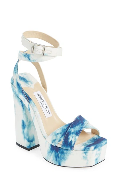 Shop Jimmy Choo Gaia Tie Dye Denim Ankle Wrap Platform Sandal In Latte Mix