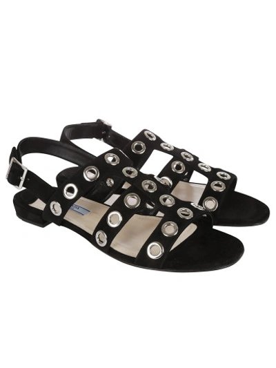 Shop Prada Black Ring Detail Low Sandals In Nero