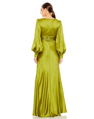 Shop Mac Duggal Charmeuse Bishop Sleeve V Neck Gown In Apple Green