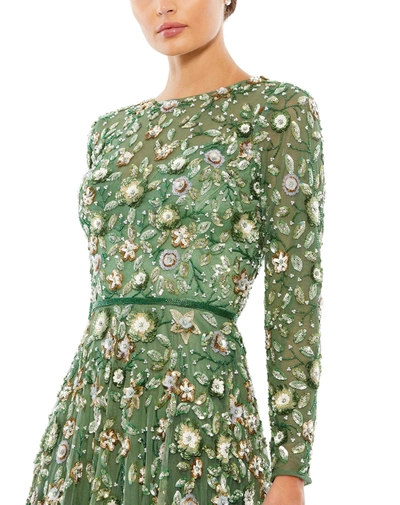 Shop Mac Duggal Floral Appliqué Long Sleeve Illusion Gown In Sage