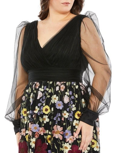 Mac Duggal Embroidered Puff Sleeve A Line Dress In Black Multi