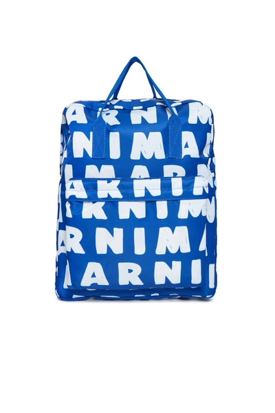 Shop Marni Blue Backpack With Zip Fastening And Allover Maxi-logo Pattern