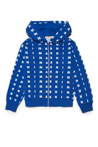 Shop Marni Blue Cotton Hooded Sweatshirt With Zip And Small Allover Logo
