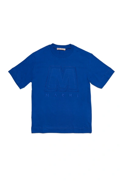 Shop Marni Blue Jersey T-shirt With Big M Logo