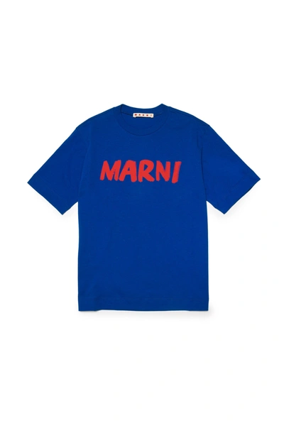 Shop Marni Blue Jersey T-shirt With  Brush Logo