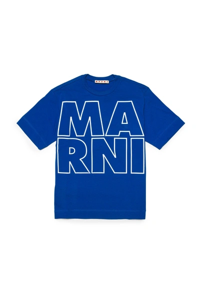 Shop Marni Blue T-shirt In Jersey With Displaced  Logo