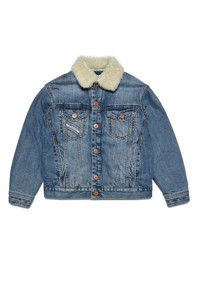 Shop Diesel Denim Jacket With Teddy Fleece Collar And Lining In Blue