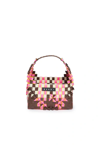 Shop Marni Fluo Pink Woven Rainbow Bag With Single Handle And Applied Logo