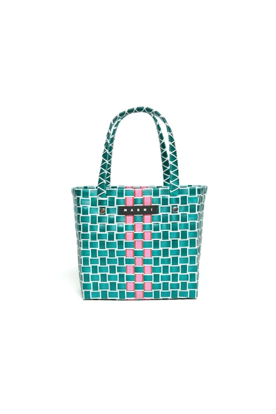Shop Marni Green Woven Box Bag With Handles And Applied Logo