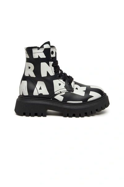 Shop Marni Leather Combat Boots With All-over  Logo In Black