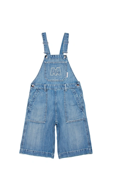 Shop Marni Light Washed Denim Dungarees With Big M Logo In Blue