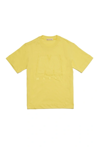 Shop Marni Yellow Jersey T-shirt With Big M Logo
