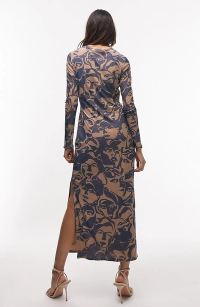 Topshop Faces Print Cutout Detail Long Sleeve Mesh Dress In Multi