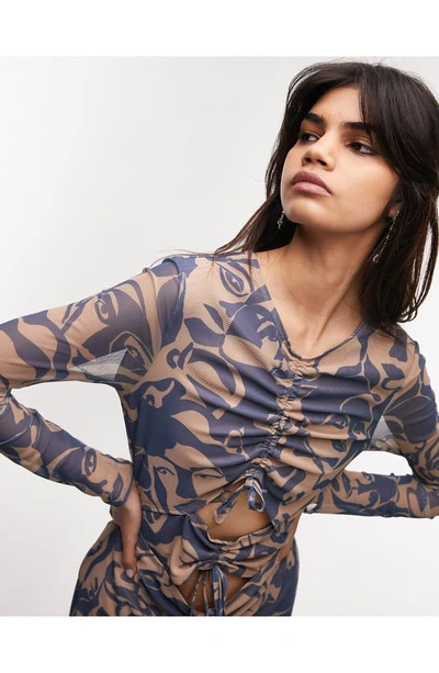Shop Topshop Faces Print Cutout Detail Long Sleeve Mesh Dress In Multi