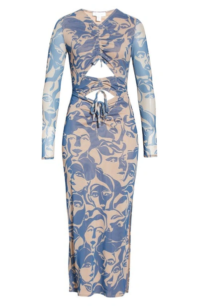 Topshop Faces Print Cutout Detail Long Sleeve Mesh Dress In Multi