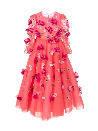 Shop Marchesa Flower Embellished Coral Tulle Gown In Fuchsia