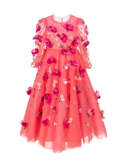 Marchesa Flower Embellished Coral Tulle Gown In Fuchsia