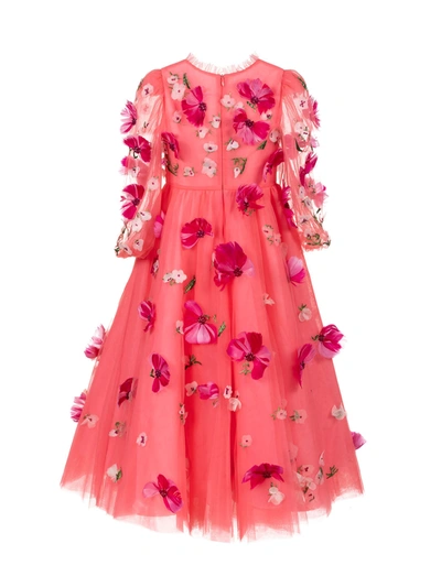 Shop Marchesa Flower Embellished Coral Tulle Gown In Fuchsia