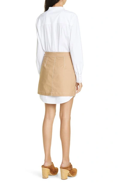 Shop Veronica Beard Jennings Mixed Media Long Sleeve Stretch Poplin & Twill Shirtdress In Khaki