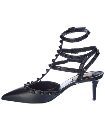 Shop Valentino Rockstud Caged 65 Leather Ankle Strap Pump In Black
