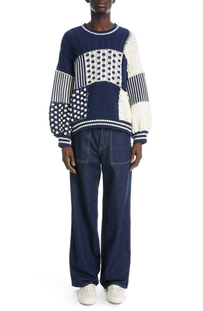 Shop Kenzo Oversize Mix Cable Crewneck Sweater In 77 - Midnight Blue