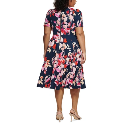 Shop Calvin Klein Plus Womens Floral Short Sleeves Fit & Flare Dress In Blue